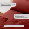 A close-up view of dark red microfiber bedding, with text overlays highlighting product features and related items. Voir les images du produit