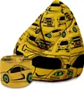 A bean bag chair and a matching ottoman with a yellow car pattern on a white background. Náhľad obrázku produktu