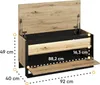 A product image showing a storage bench with its lid and a lower door open, displaying dimensions and internal lighting. Produktbild-Vorschau