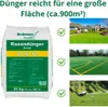 A collage showing a bag of fertilizer, a suburban lawn, a sports field, and a golf course. Produktbild-Vorschau