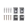 A collection of hardware components, including screws, wall anchors, and mounting brackets, laid out on a white background. Produktbild-Vorschau