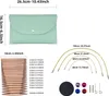 A collage of knitting needles, a storage case, and accessories with size annotations. Náhľad obrázku produktu