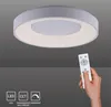 A hand holding a remote control is shown in front of a modern LED ceiling light. Produktbild-Vorschau