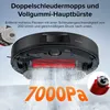 A robot vacuum cleaner is shown from underneath, demonstrating its cleaning mechanism and suction power. Text overlays highlight its features. Produktbild-Vorschau