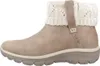 A side view of a taupe boot with a cream knitted cuff. Voir les images du produit