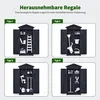 Four different configurations of a garden storage cabinet, showing various items stored inside. Produktbild-Vorschau