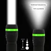 Two flashlights emitting beams of light, with text overlays describing features. Podgląd zdjęcia produktu