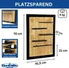A product image showing a wall-mounted wine rack with dimensions and features highlighted. Produktbild-Vorschau