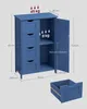 A blue cabinet with drawers and a door, with dimensions and weight limits indicated. Náhled obrázku produktu