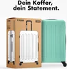 A mint green suitcase is shown next to its cardboard packaging, which features a graphic of a white suitcase. Text is overlaid at the top of the image. Produktbild-Vorschau