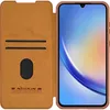 A brown flip case for a smartphone is shown open, with the smartphone inside. Produktbild-Vorschau