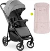 A gray stroller and a pink seat cushion are displayed against a white background. Produktbild-Vorschau