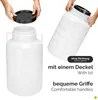 Two white plastic barrels are shown, one with a black lid being placed on it by hands, and another barrel being held by hands. Text overlays describe features. Produktbild-Vorschau