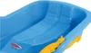 Close-up view of the interior of a blue plastic sled with yellow handles. Anteprima dell’immagine prodotto