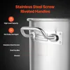 Close-up of a stainless steel pot handle with text overlays highlighting features. Voir les images du produit