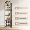A tall, multi-shelf wine rack with various items displayed on its shelves, next to informational text boxes. Náhľad obrázku produktu
