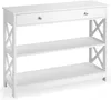 A white console table with a drawer and two shelves, shown against a white background. Podgląd zdjęcia produktu