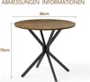 A round wooden table with black metal legs, shown with dimensions indicated. Produktbild-Vorschau