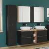 A modern bathroom vanity set with two sinks, a tall cabinet, and mirrors. Produktbild-Vorschau