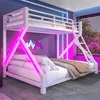 A modern bedroom with a white bunk bed featuring pink and blue LED lighting. Náhled obrázku produktu