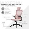 A pink ergonomic office chair with various features highlighted by text labels. Produktbild-Vorschau