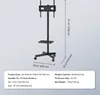 A black TV stand with wheels and a shelf is shown against a light gray background, with dimensions and specifications displayed. Produktbild-Vorschau
