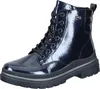 A single blue patent leather boot with black laces and a thick sole, isolated on a white background. Produktbild-Vorschau