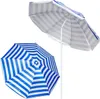 Two beach umbrellas with blue and white stripes are shown against a white background. One umbrella is open and angled, showing its internal structure and pole. The other umbrella is closed and viewed from above. Náhled obrázku produktu