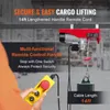 A person is operating a red and silver electric hoist with a yellow remote control, with text overlays highlighting features. Náhľad obrázku produktu
