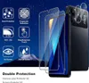 A dark blue starry background with a mountain landscape at the bottom. The foreground features a black smartphone with screen protectors and camera lens protectors laid out in front of it. Icons describing product features are arranged on the left side. Produktbild-Vorschau