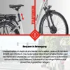 Close-up of an electric bicycle's seat post and front wheel, with marketing text and graphics. Produktbild-Vorschau
