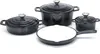 A set of cast iron cookware, including pots and a frying pan, arranged on a white background. Produktbild-Vorschau