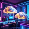 A futuristic gaming room with two cloud-shaped LED lights hanging from the ceiling, illuminating a desk with computers and a gaming chair. Produktbild-Vorschau