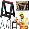 A collage of images showing a black and red sawhorse, a close-up of the sawhorse, a person in safety gear giving a thumbs up, and a tablet displaying the sawhorse in use. Produktbild-Vorschau
