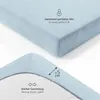 A close-up collage of a light blue fitted sheet, showing the texture and elastic band. Produktbild-Vorschau