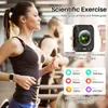 A woman is running on a treadmill, wearing a smartwatch. The image also shows a close-up of the smartwatch's sensors and a display of its fitness tracking features. Produktbild-Vorschau