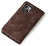 A brown leather flip case for an iPhone is shown against a white background. Produktbild-Vorschau