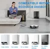 A woman is sitting on a couch and using a smartphone, with a robot vacuum cleaner and its charging station visible in the background. Below, there are multiple images of robot vacuum cleaners with their charging stations and labels. Produktbild-Vorschau