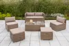 A set of outdoor furniture, including a sofa, two chairs, and two ottomans, arranged on a paved patio with greenery in the background. Produktbild-Vorschau
