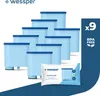 A product shot of multiple water filters arranged in a pyramid shape, with a single packaged filter in the foreground and marketing text on the right. Produktbild-Vorschau