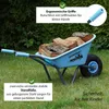 A blue wheelbarrow filled with firewood is shown outdoors on a grassy lawn, with trees in the background. Produktbild-Vorschau