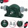 A green hand drill pump with gray hose connectors is shown against a light gray background with a subtle pattern. Inset circles highlight a close-up of the pump's shaft, two gray hose connectors, and a threaded fitting. Náhľad obrázku produktu