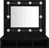 A black vanity mirror with LED lights and a shelf unit below, presented against a white background. Produktbild-Vorschau