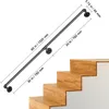 A black metal handrail is shown mounted on a white background, with dimensions indicated by measurement lines and text. A portion of wooden stairs is visible on the right side. Náhľad obrázku produktu