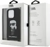The image shows the packaging of a Karl Lagerfeld iPhone case. The packaging is open, revealing the black iPhone case inside. The packaging has branding and product information printed on it. Anteprima dell’immagine prodotto