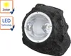 A solar-powered LED spotlight designed to look like a rock, shown on a white background with informational badges. Produktbild-Vorschau