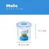 A product image showing a clear plastic food container with a blue lid, with dimensions indicated by text and lines. Produktbild-Vorschau