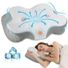 A pillow with diagrams showing airflow and cooling, and a woman sleeping on it. Ice cubes are also shown. Produktbild-Vorschau
