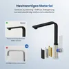 A marketing image showcasing a black kitchen faucet with a comparison of its material quality and resistance to stains and corrosion. Produktbild-Vorschau