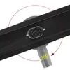 A close-up of a black shower drain with a rotating mechanism indicated by a red circular arrow and the text '360°'. Produktbild-Vorschau